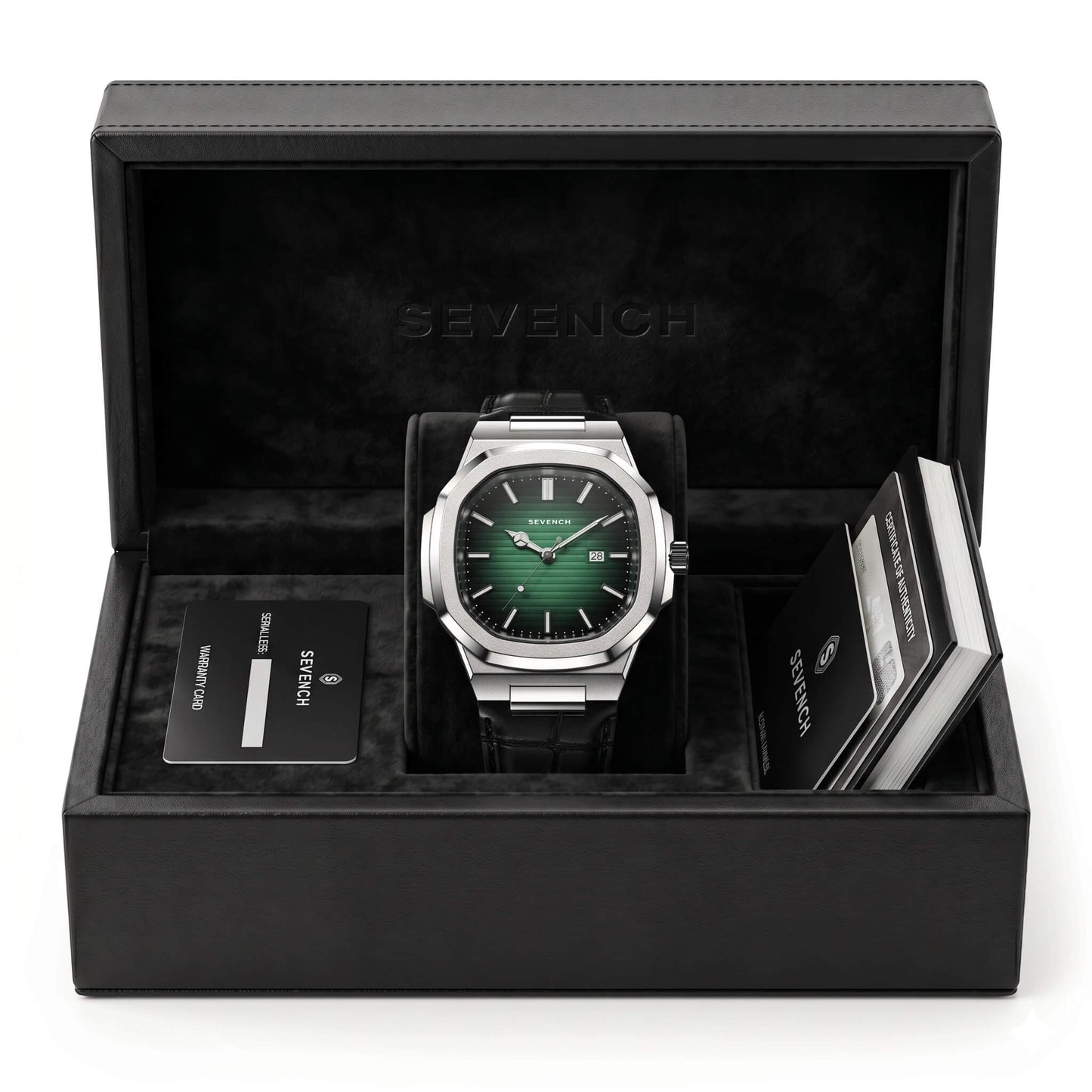 Box Sevench Zenith Silver & Green | Affordable Men's Watch | Quartz Movement & Genuine Leather Strap
